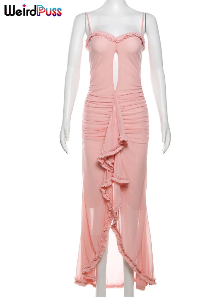 Weird Puss Hollow Ruffles Dress Woman Summer Spaghetti Strap Sexy Irregular Tassel Patchwork Fungus Trim Mesh Skinny Vestidos