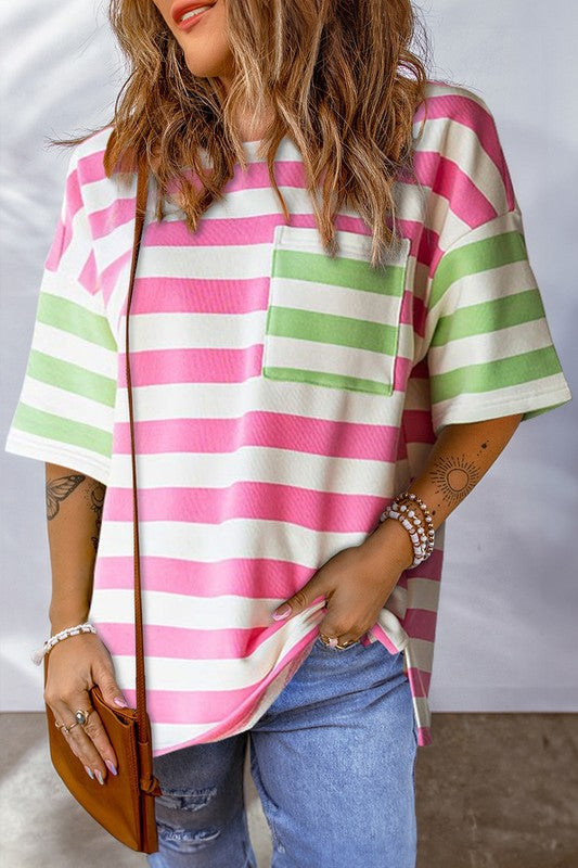 Women Stripe Contrast Patch Drop Sleeve T Shirt