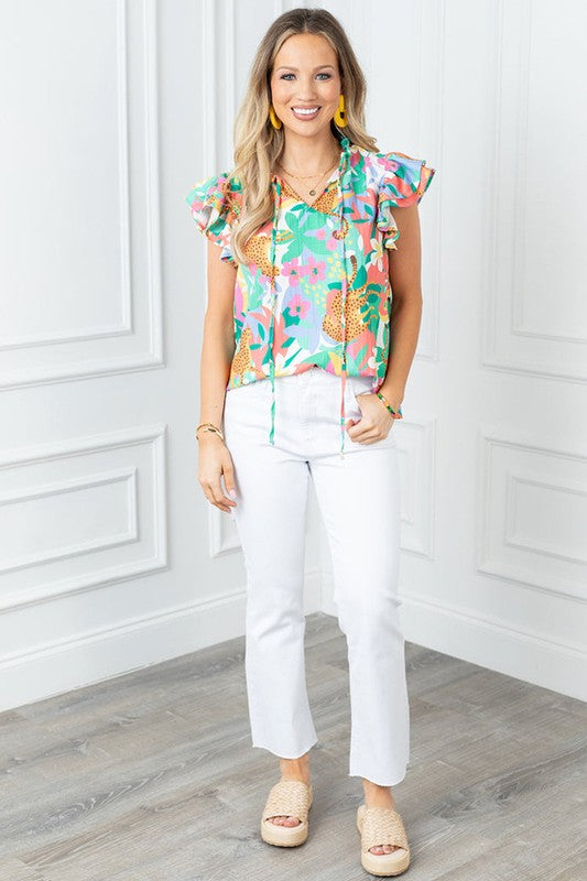 Women Ruffle Tie Split Neck Summer Floral Blouse