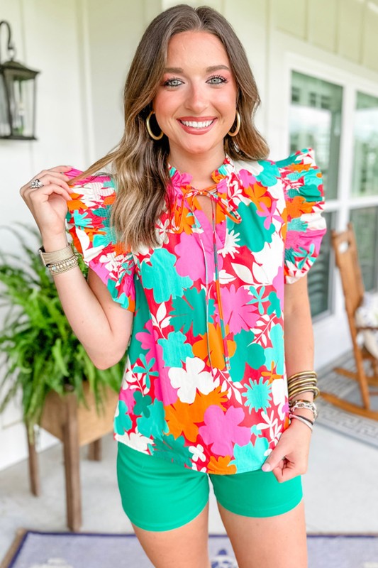 Women  Floral Tie Split Neck Ruffle Trim Blouse