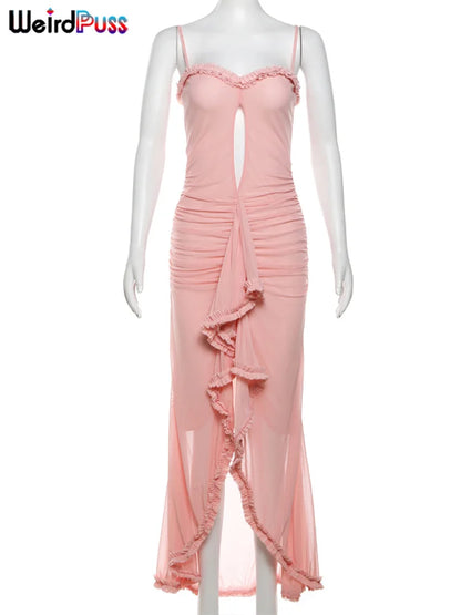 Weird Puss Hollow Ruffles Dress Woman Summer Spaghetti Strap Sexy Irregular Tassel  Patchwork Fungus Trim Mesh Skinny Vestidos
